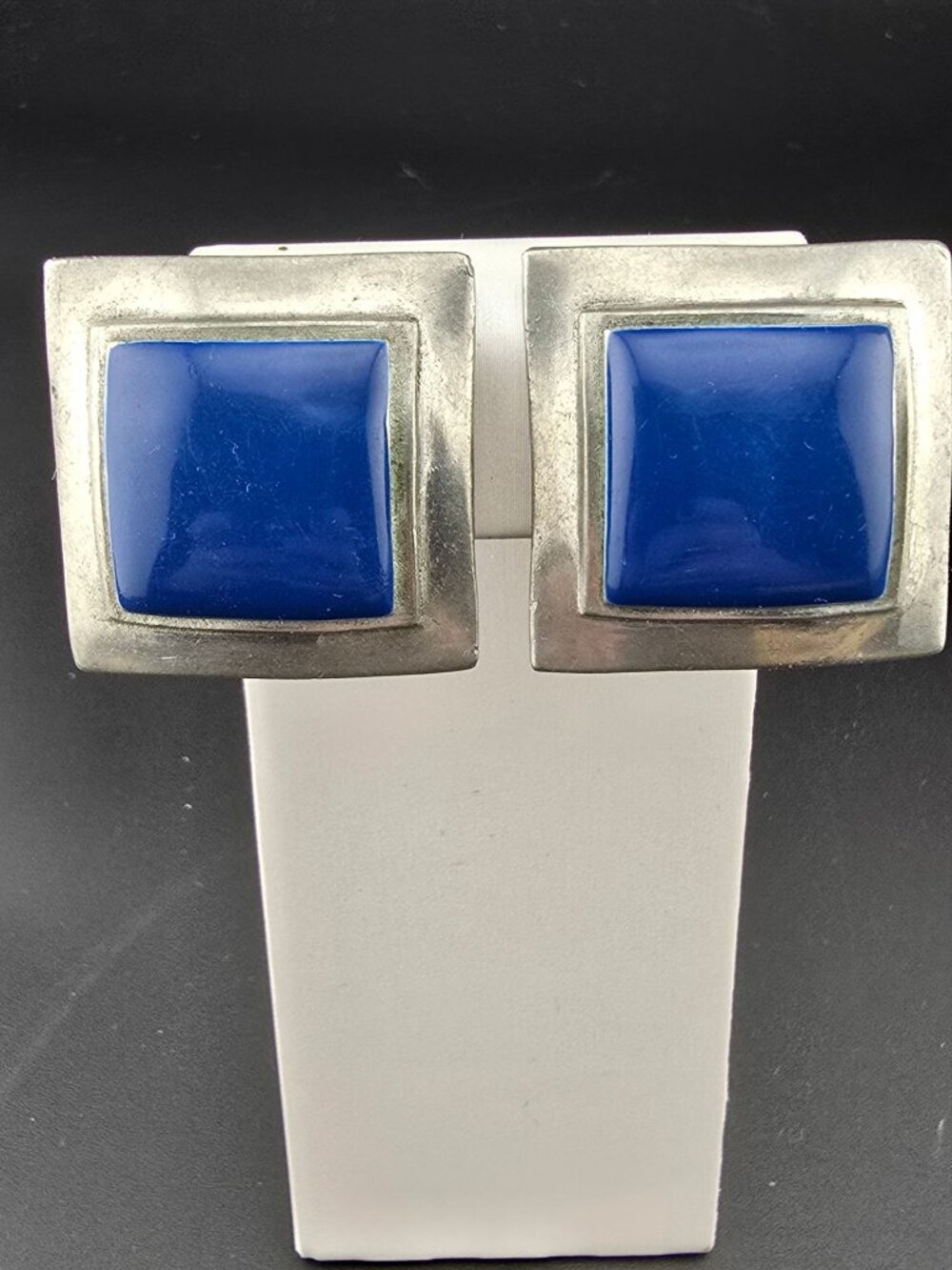 Robin Kahn Blue Enamel Silver Tone Square Clip Earrings - Picture 2 of 6